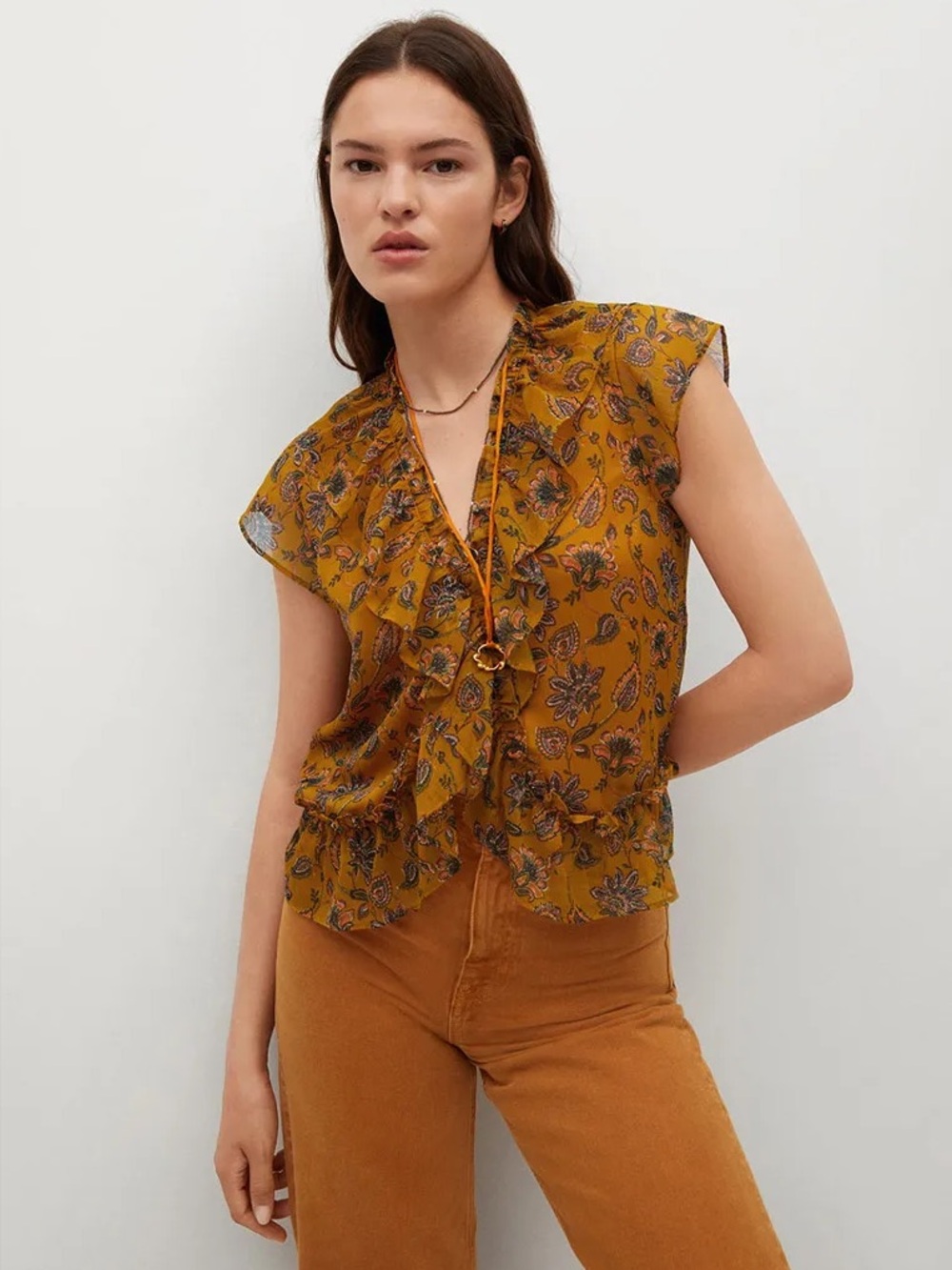 🌼✨ Mango Mustard Yellow Paisley Ruffle Sleeveless Blouse ✨🌼